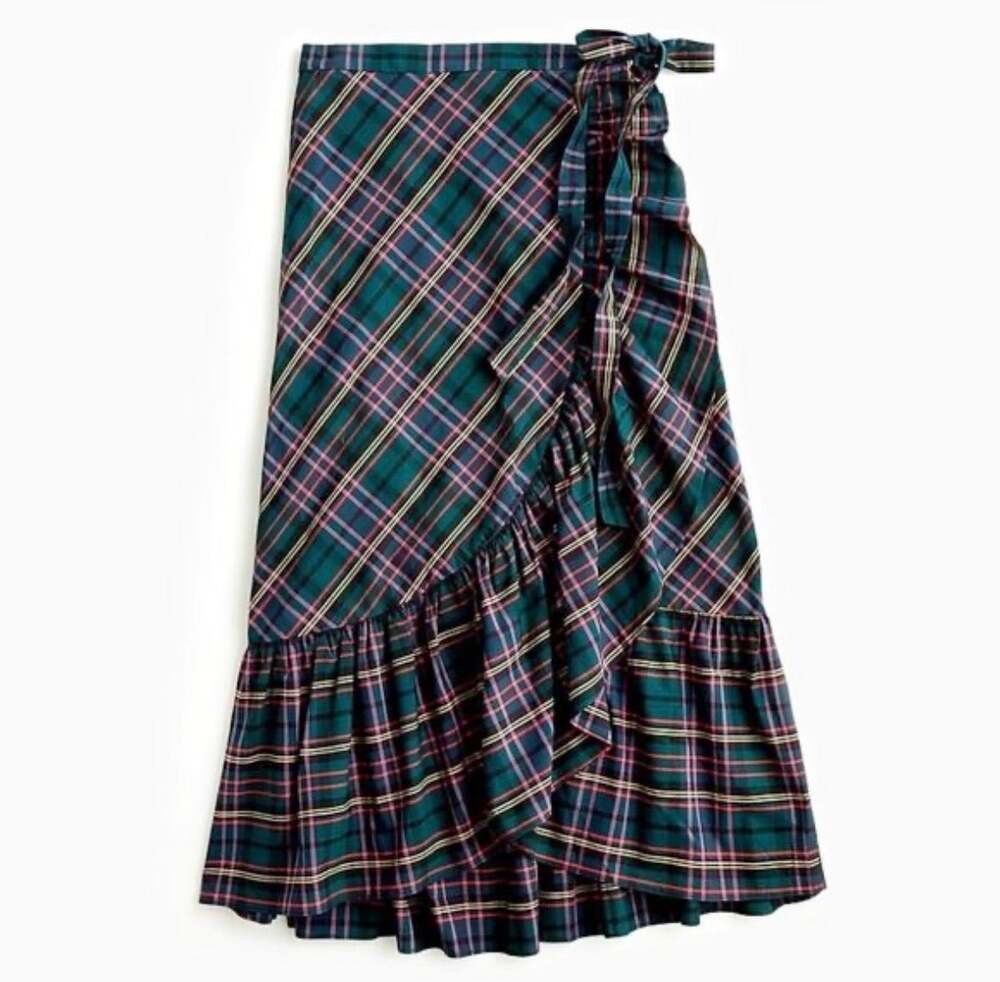 J Crew Plaid Ruffle Midi Wrap Skirt in Classic Tartan Green and Pink Plaid Sz 2